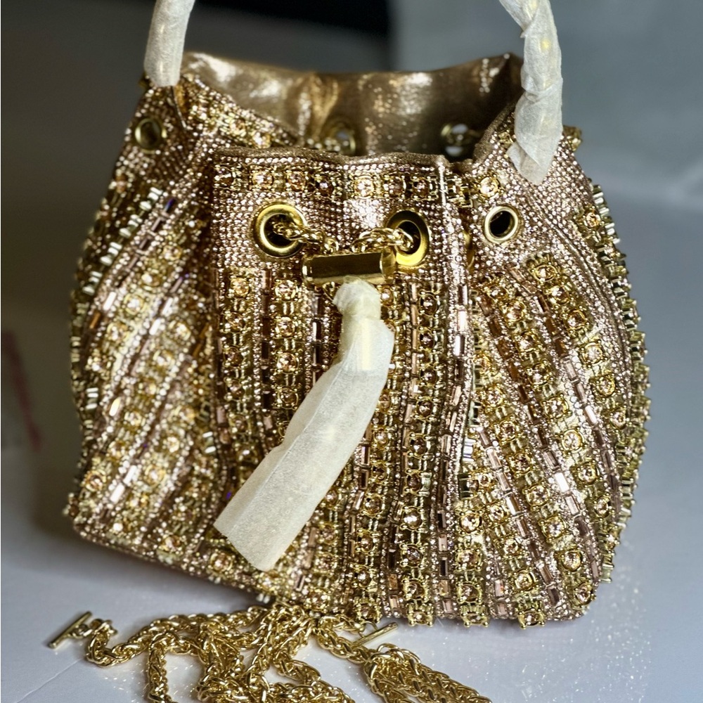 Sparkly Diamond Rhinestone Bucket Bag – Champagne Gold Evening Glam SBL Gold ❤️ - Picture 6 of 16